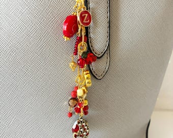 Personalized Red Gold Peacock Bag Charm: Handmade Clip On Dangle Accessory