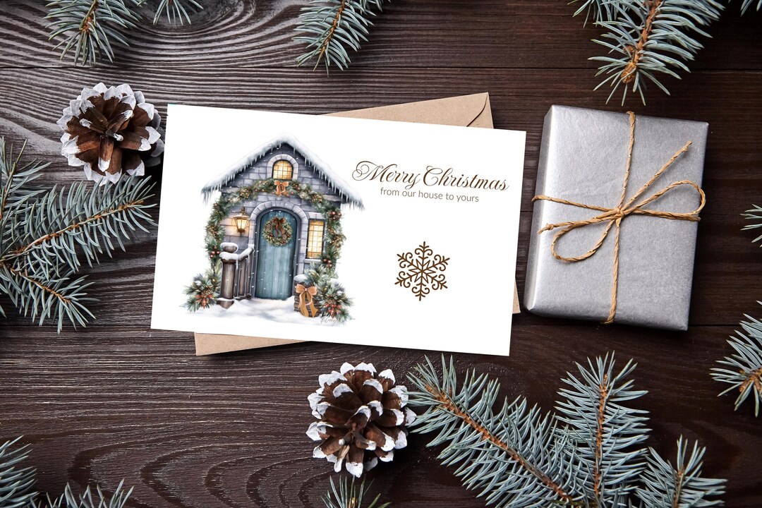 Merry Christmas From Our Home to Yours, Christmas Card, Festive Christmas Card, DIY Christmas Card, Blue Cottage Christmas Card, Christmas - Etsy Japan