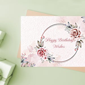 Vintage Style Pink Roses Birthday Card, Floral Birthday Card, Printable Birthday Card, DIY Birthday Card, Instant Download Card for Her