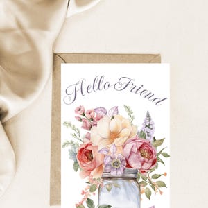 Hello Friend Watercolor Flowers Card, DIY Printable Card, Printable Friendship Card, Print From Home Cards, Watercolor Flowers in Jar Card