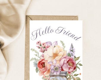 Hello Friend Watercolor Floral Card: Printable Friendship Card (Print At Home)