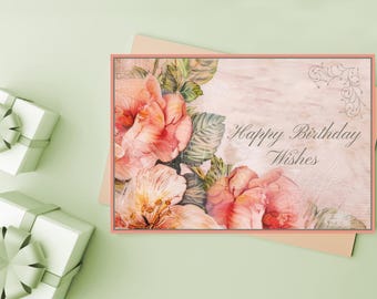 Vintage Floral Birthday Card: Printable Peach Flowers (Digital Download)