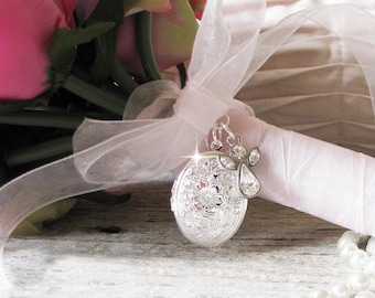 Angel Bouquet Locket: Silver Photo Charm, Swarovski Crystal Angel