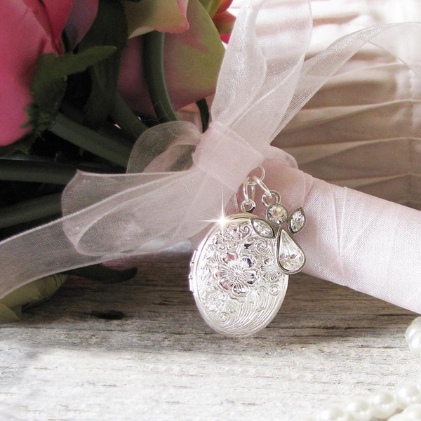 Angel Bouquet Locket: Silver Photo Charm, Swarovski Crystal Angel