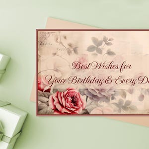 Vintage Roses Birthday Card, Printable Vintage Birthday Card, DIY Printed Birthday Card, Unique Birthday Card For Her, Classic Elegance Card