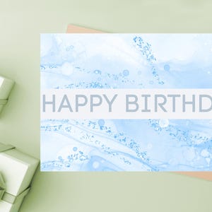 Blue Happy Birthday Card Printable, DIY Birthday Card for Him,Happy Birthday Card PDF, Unique Blue Birthday Card, Watercolor Splash Card
