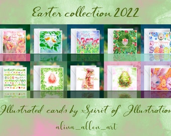 10 Easter Cards, Collection 2022, Cute Original Easter Illustrations, Spirit of illustration, Digital Art Print