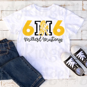 May include: White t-shirt with a black and yellow design. The design features the number 6, a black letter M with a yellow mustang inside, and the number 6 again. The text "Millard Mustangs" is below the design.