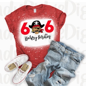 May include: Red t-shirt with a white bleach design of a pirate with a skull and crossbones, the numbers 606, and the text "Belfry Pirates".