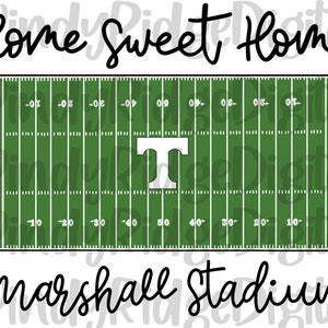 May include: A digital graphic featuring a green football field with yard lines and the text "ROCKS" on the sides. The word "T" is in the center. The words "Home Sweet Home" and "Marshall Stadium" are written above and below the field.