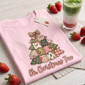 The Cutest Christmas Tree Shirt , Patchwork Holiday Tee, Matcha Latte Shirt, Cute Strawberry Tee