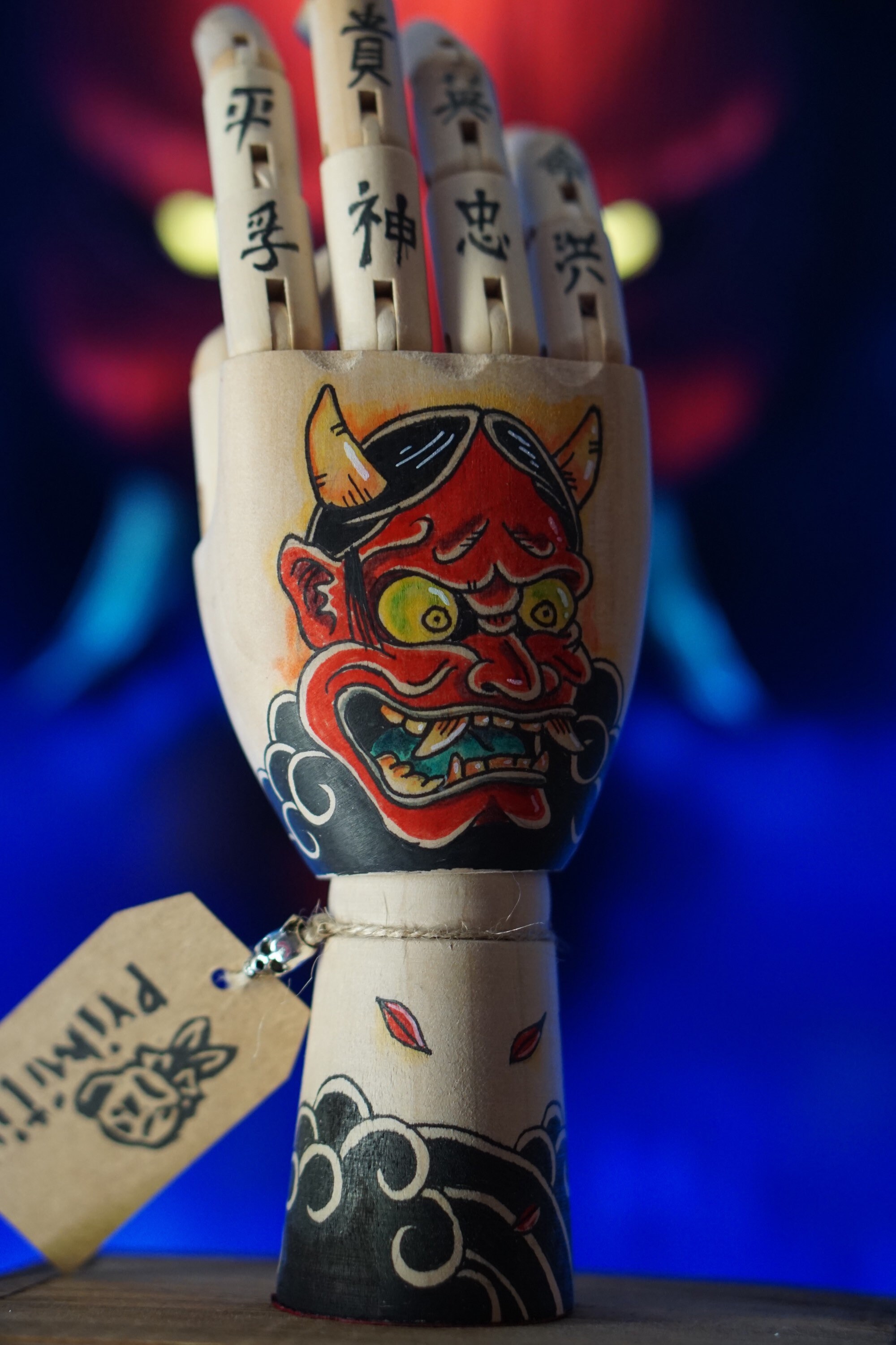 Oni Mask Traditional Tattoo Art Wooden Hand pic
