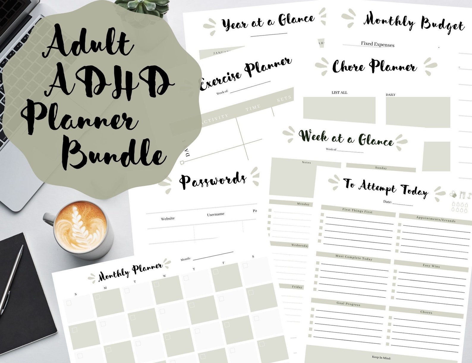 Adult ADHD Friendly Printable Planner Bundle Light Olive Etsy France