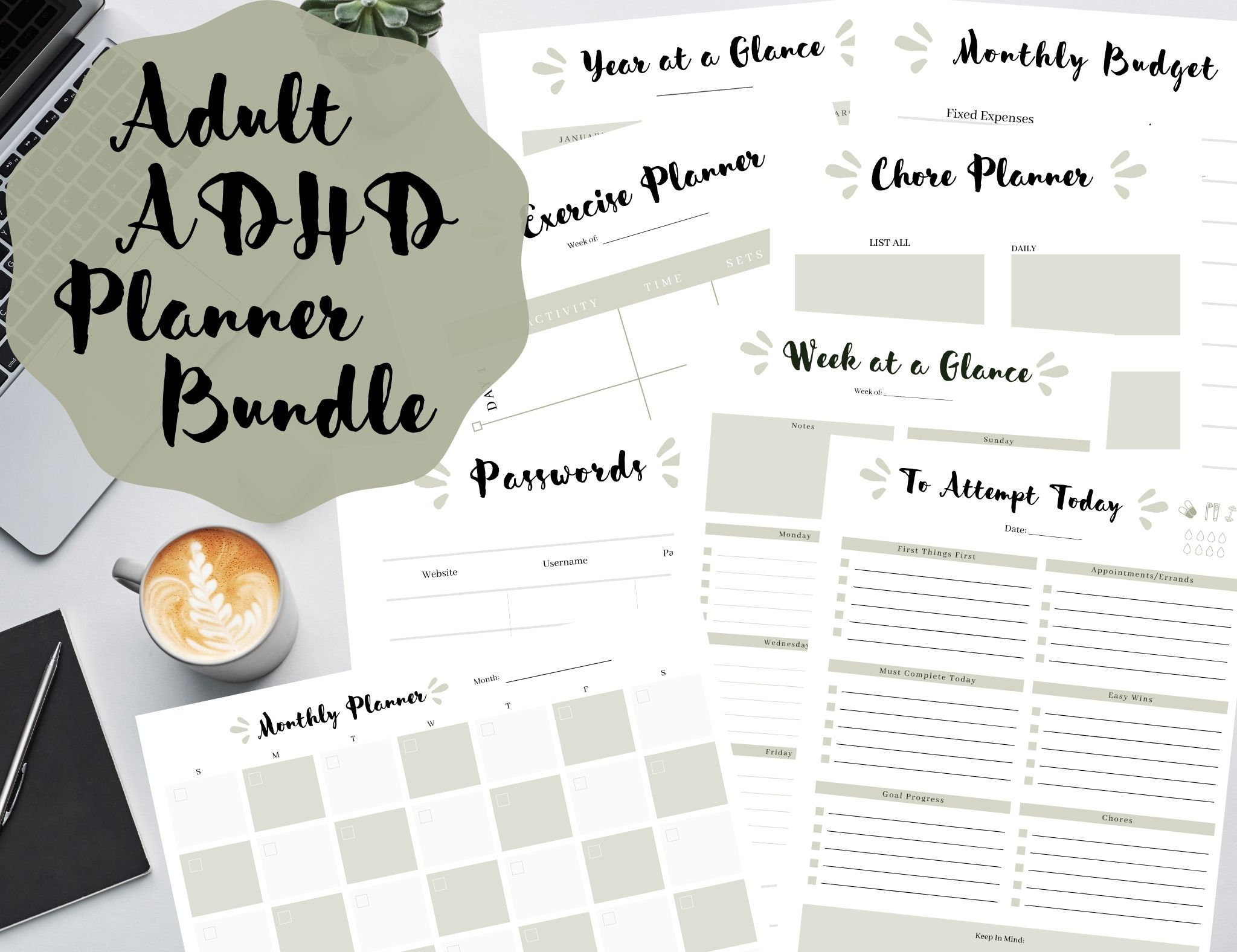 Adult ADHD Friendly Printable Planner Bundle Light Olive Etsy