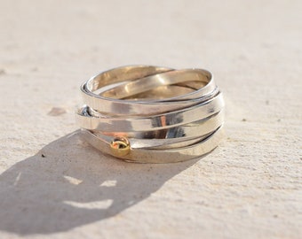 Silver ring from recyled metal with gold element, silver wrapping ring, recycled silver ring with gold dot, ethical jewelry