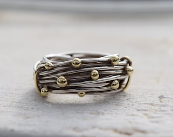 Silver ring with gold elements, silver wrapping ring with recycled gold, silver and gold ring from reclaimed metal, mixed metal ring