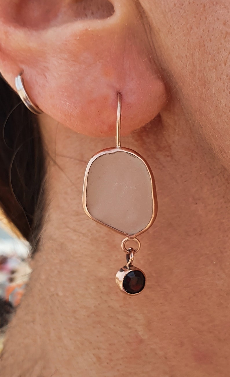 Sea glass earrings in white with garnet set in rose gold. Sea glass earrings solid gold. Genuine sea glass earrings in red gold. Upcycled image 3