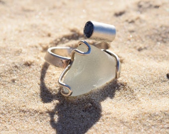 Sea glass ring in white with gemstones set in silver. Genuine sea glass statement ring. Beach lover jewelry. Ocean lover gift. Upcycled