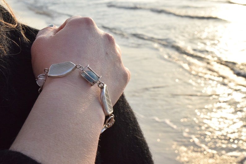 Sea glass bracelet with aquamarine set in silver. Genuine sea glass jewelry. Patterned sea glass bracelet. Ocean lover gift. Upcycled image 3