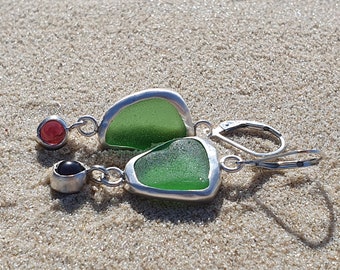Sea glass earrings in green with ruby set in silver. Genuine sea glass earrings with gemstones. Ocean lover gift. Upcycled