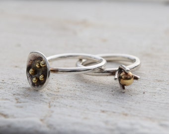 Flower rings in silver and gold from recycled metal, floral stacking rings, flower stacking rings, ethical jewelry, recycled stacking rings