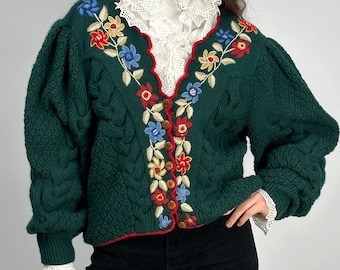 Stunning Bright Red Vintage Cardigan with Flowers Embroidered Knitted Jacket Embroidery Handmade Popcorn Orange Folk Pattern Unique