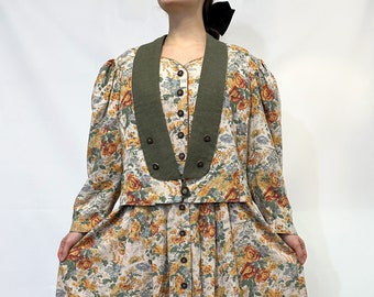 Lovely vintage costume jacket and dress floral olive green  orange Austrian dirndl XXXL