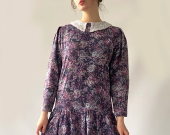 Purple Laura Ashley vintage dress gown midi tea dress wool & cotton party lace collar modest floral gown