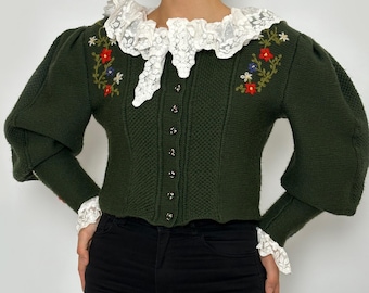 Stunning Bright Red Vintage Cardigan with Flowers Embroidered Knitted Jacket Embroidery Handmade Popcorn Orange Folk Pattern Unique