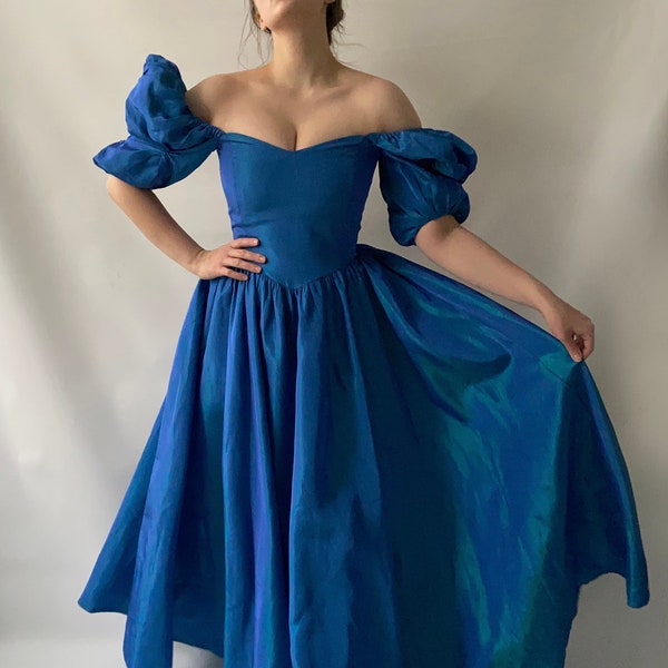 Gorgeous translucent Laura Ashley blue vintage shiny dress navy azure gown midi tea dress prom acetate princess evening