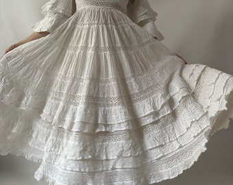 Mexican Wedding Prairie calico Modest Maxi Vintage Dress Gown Tea Dress Prom Cotton Evening 60s 70s White Lace Crochet Rare Ivory