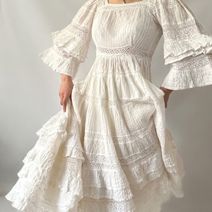 Mexican Wedding Prairie calico Modest Maxi Vintage Dress Gown Tea Dress Prom Cotton Evening 60s 70s White Lace Crochet Rare Ivory image 1