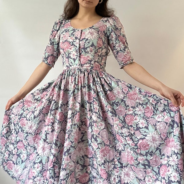 Heerlijk blauw roze Laura Ashley vintage jurk bloemen bloemen katoen lichte zomer