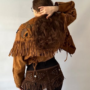 Clock House leather vintage suede fringed jacket light brown camel coat 90s retro 80s oldschool boho festival cowboy Wild West Native image 3