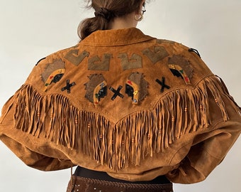 Clock House leather vintage  suede fringed jacket light brown camel coat 90’s retro 80’s oldschool boho festival cowboy Wild West Native