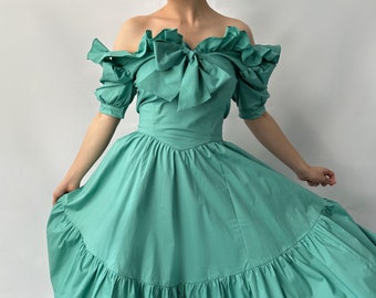 Emerald Royal Gown Shoulders off, ruffles, cotton gorgeous dress