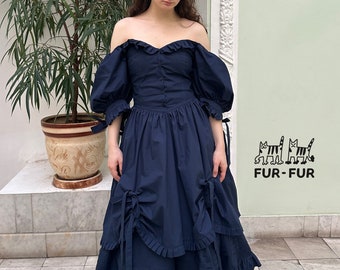 Blue Shoulders off Cotton Gorgeous Dress Big Bow Prom Gown Buttoned Up