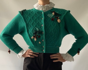 Unique Amazing Emerald Green Vintage Cardigan with Oak Acorns Embroidered Knitted Jacket Handmade Embroidery Wool