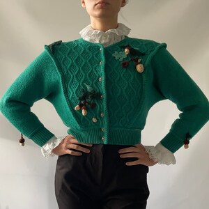 Unique Amazing Emerald Green Vintage Cardigan with Oak Acorns Embroidered Knitted Jacket Handmade Embroidery Wool