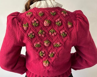 Magenta  Pink Unique Amazing Vintage Cardigan with Colourful Flowers Embroidered Knitted Jacket Handmade Embroidery