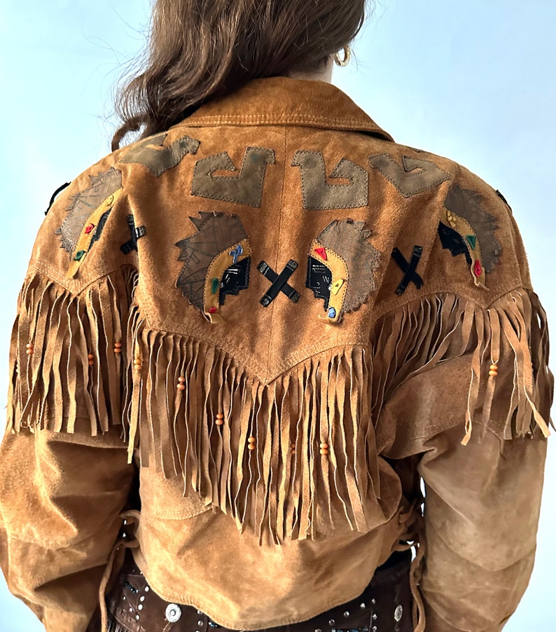 Clock House leather vintage suede fringed jacket light brown camel coat 90s retro 80s oldschool boho festival cowboy Wild West Native image 10