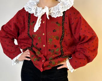 Stunning Bright Red Vintage Cardigan with Flowers Embroidered Knitted Jacket Embroidery Handmade Popcorn Orange Folk Pattern Unique
