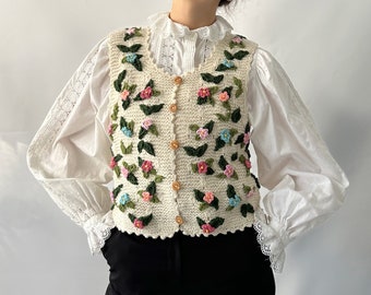 Unique Wonderful Vest with Flowers Embroidered Knitted Handmade Embroidery Wool Retro Hand knit Vintage