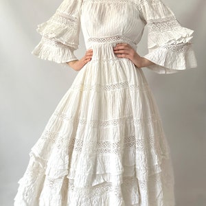 Mexican Wedding Prairie calico Modest Maxi Vintage Dress Gown Tea Dress Prom Cotton Evening 60s 70s White Lace Crochet Rare Ivory image 2