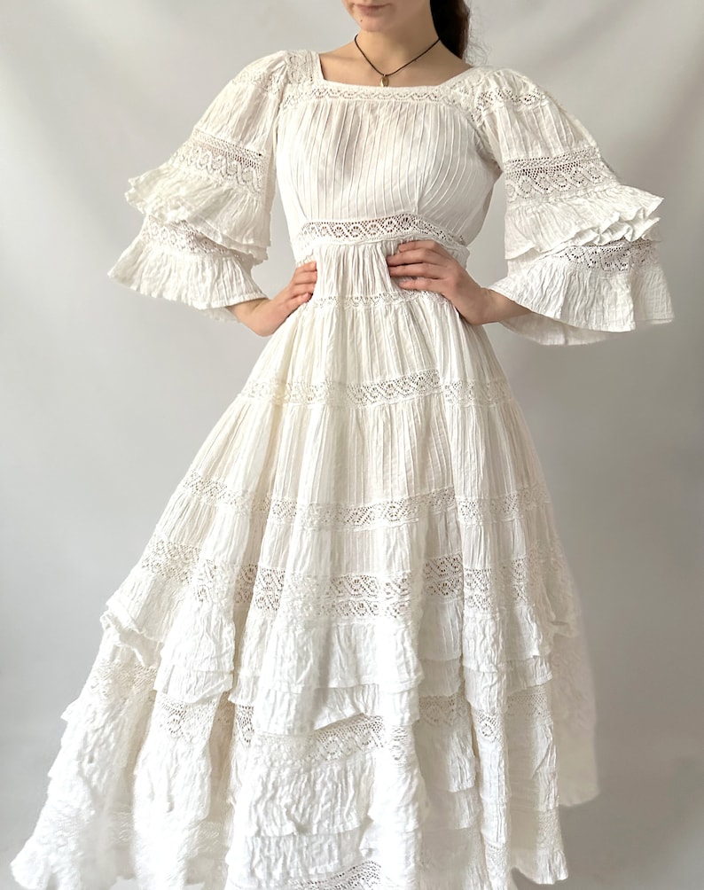 Mexican Wedding Prairie calico Modest Maxi Vintage Dress Gown Tea Dress Prom Cotton Evening 60s 70s White Lace Crochet Rare Ivory image 2