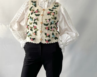 Unique Wonderful Vest with Flowers Embroidered Knitted Handmade Embroidery Wool Retro Hand knit Vintage