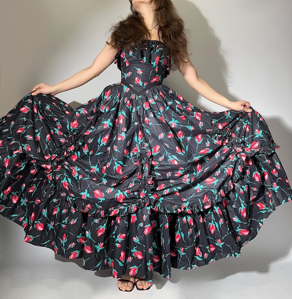 open lace back dress Mac Duggal Women's Plunge Neck Ballgown with Floral Mikado Skirt - Black - Size 16