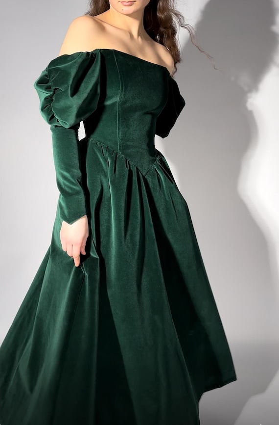 Cotton Velour Velvet Green Vintage Inspired Shiny Dress Gown Tea