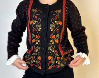 Stunning Bright Red Vintage Cardigan with Flowers Embroidered Knitted Jacket Embroidery Handmade Popcorn Orange Folk Pattern Unique