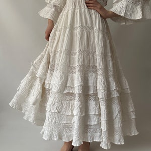 Mexican Wedding Prairie calico Modest Maxi Vintage Dress Gown Tea Dress Prom Cotton Evening 60s 70s White Lace Crochet Rare Ivory image 4